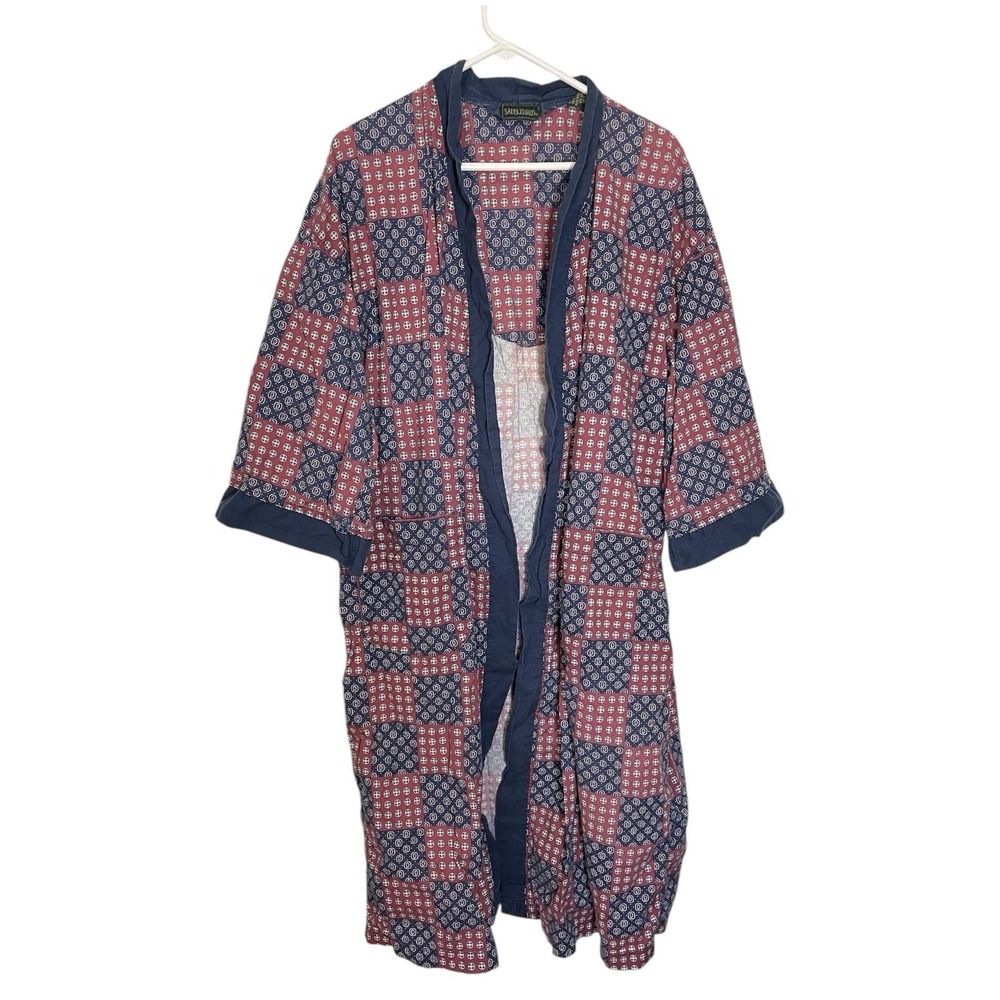 Saddlebred Blue Red Robe Patchwork Geometric Cotton Loungewear Grandpa One Size